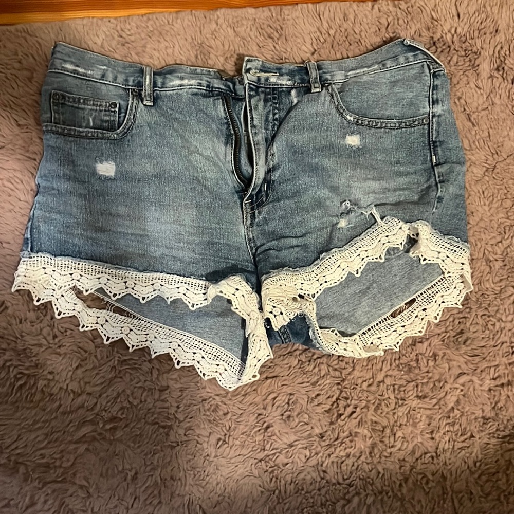 Free people denim shorts with crochet hem